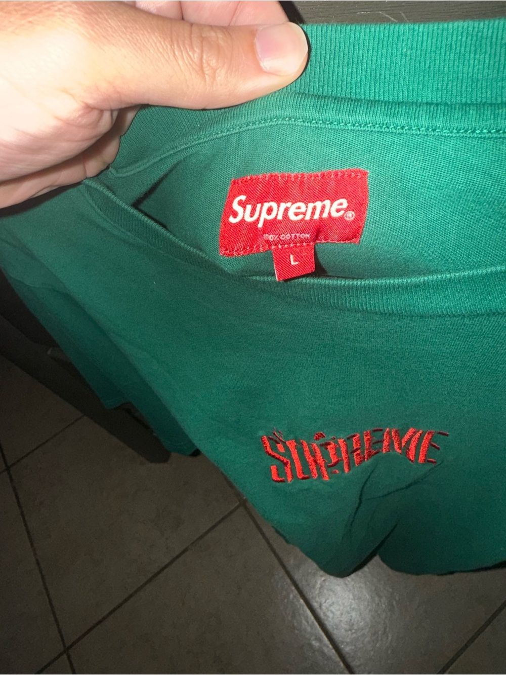 Supreme Green Cotton Tee with Red Logo